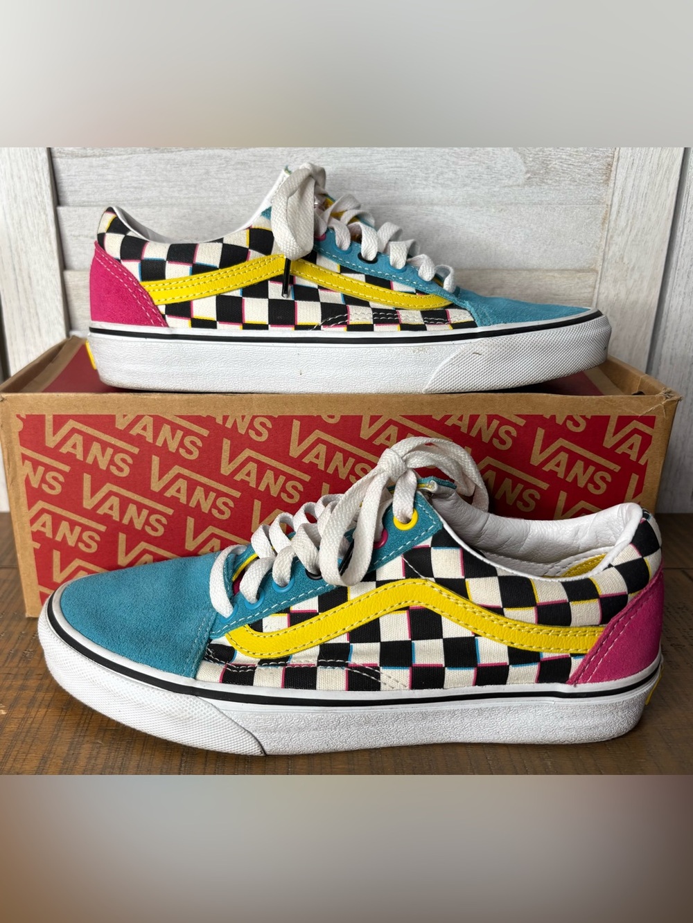 Vans Old Skool Crazy Checks Caryx Multi Color Checkerboard Sneakers W8 M6.5 Box